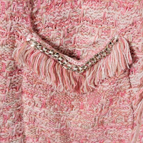 Cache Womens Pink Tweed Business Work Office Coquette Fringe Cardigan Jacket XL - Picture 7 of 10